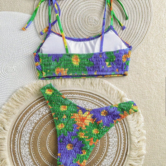 Pleated Swimsuit Sexy Bikini Lady Simple Lace up Split Swimsuit