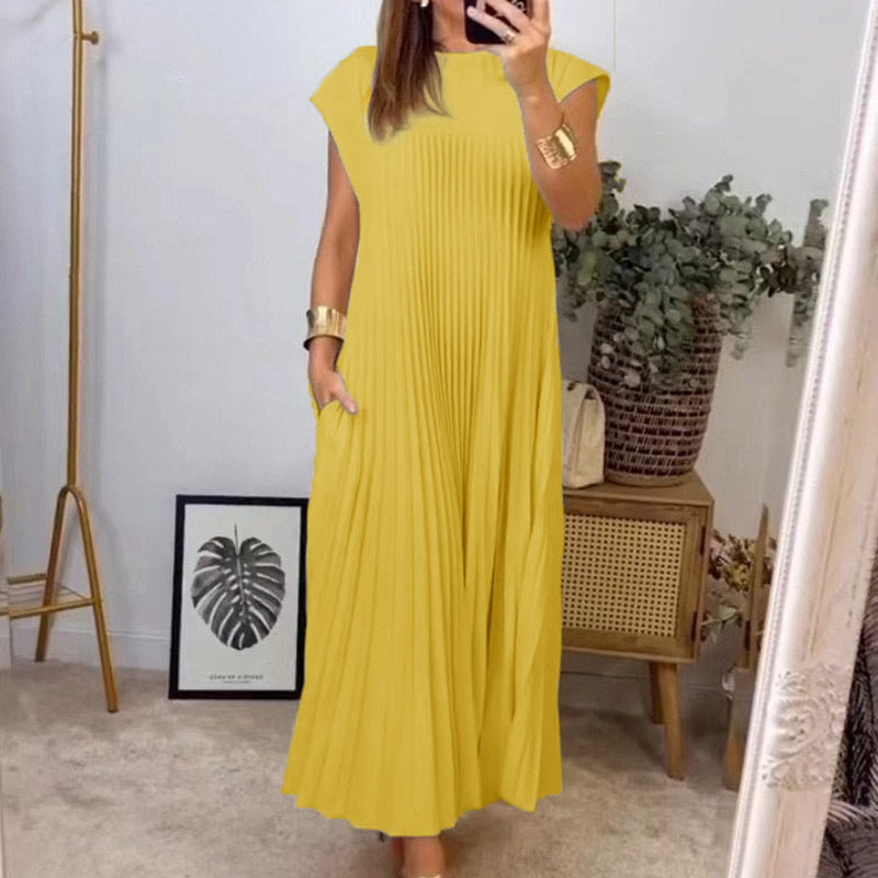 Women Clothing Maxi Dress Elegant round Neck Sleeveless Pleated Dress