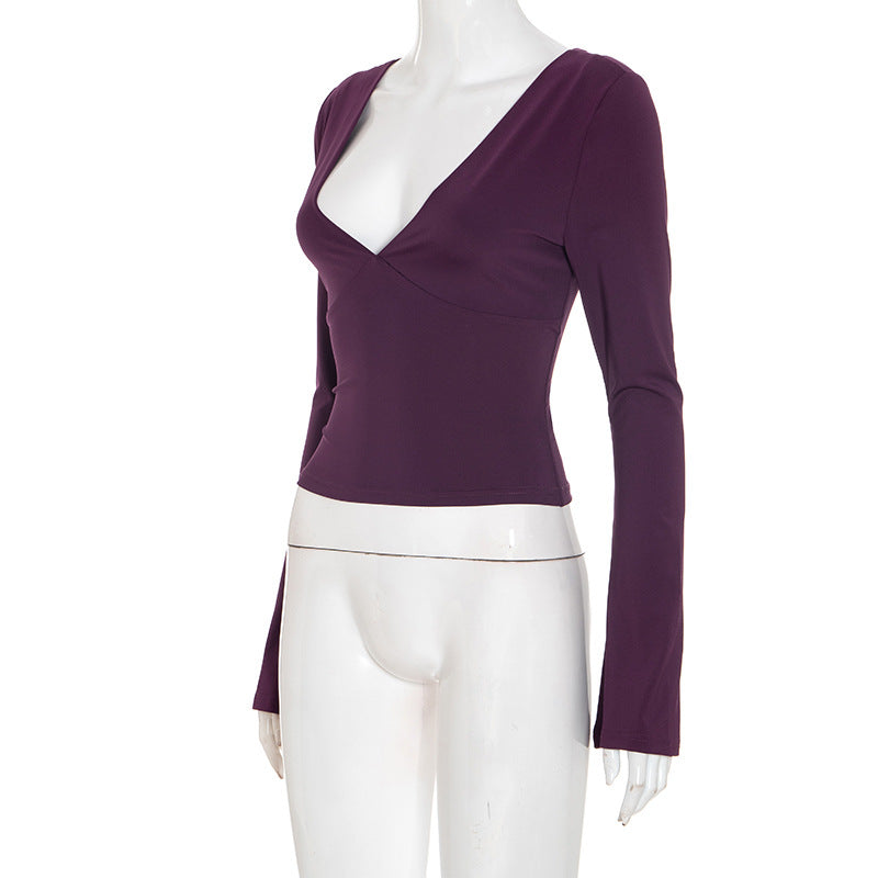 Women Clothing Sexy Solid Color Slim Fit Low Collar Figure Flattering Top