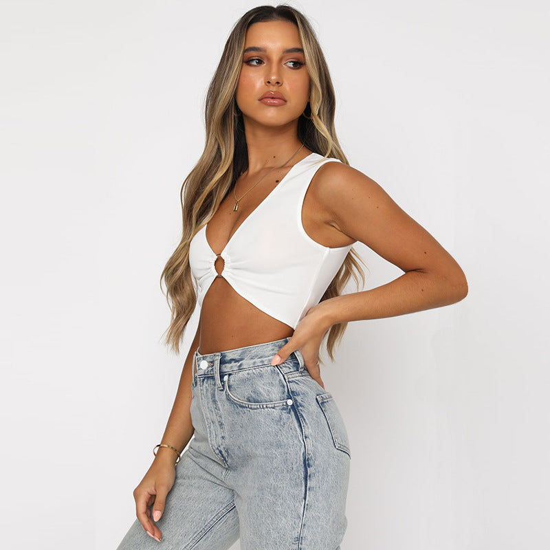 Summer Women Clothing Sexy Sleeveless Top Solid Color Tight Hollow-out cropped V-neck Vest