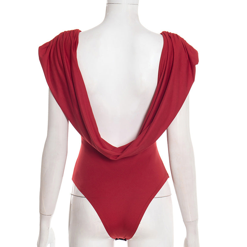 Women Clothing Spring Solid Color Sexy Pleated Sleeveless Slim Swing Collar Romper