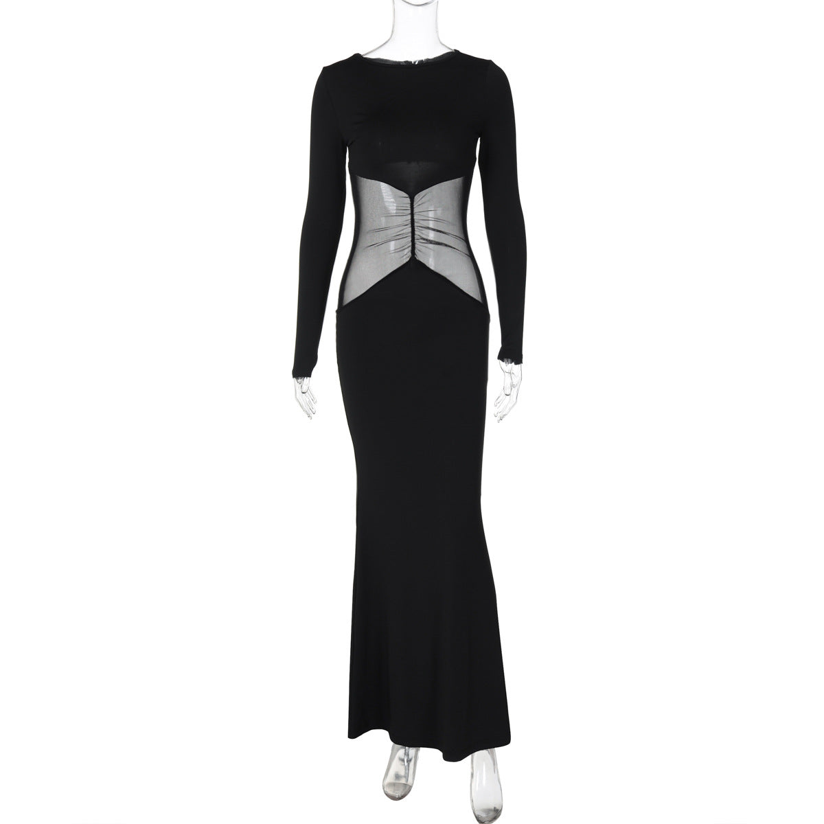 Fall Women Clothing round Neck Pullover Long Sleeve Mesh Slim Fit Patchwork Hip Bag Dress