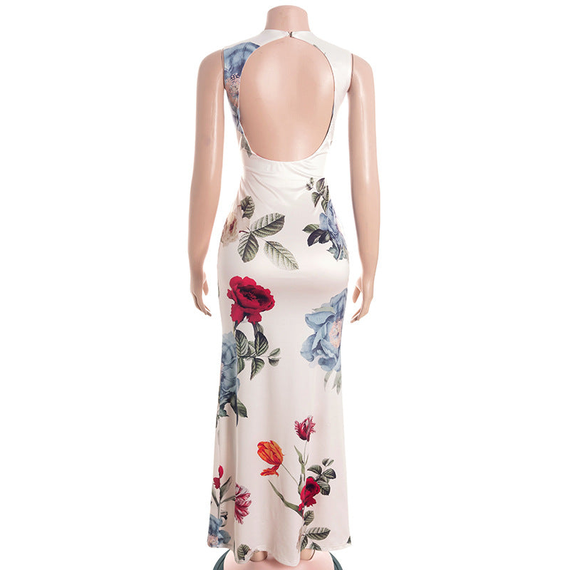 Fashionable Elegant round Neck Sleeveless Pullover Plant Floral Print Slim Fit Maxi Dress