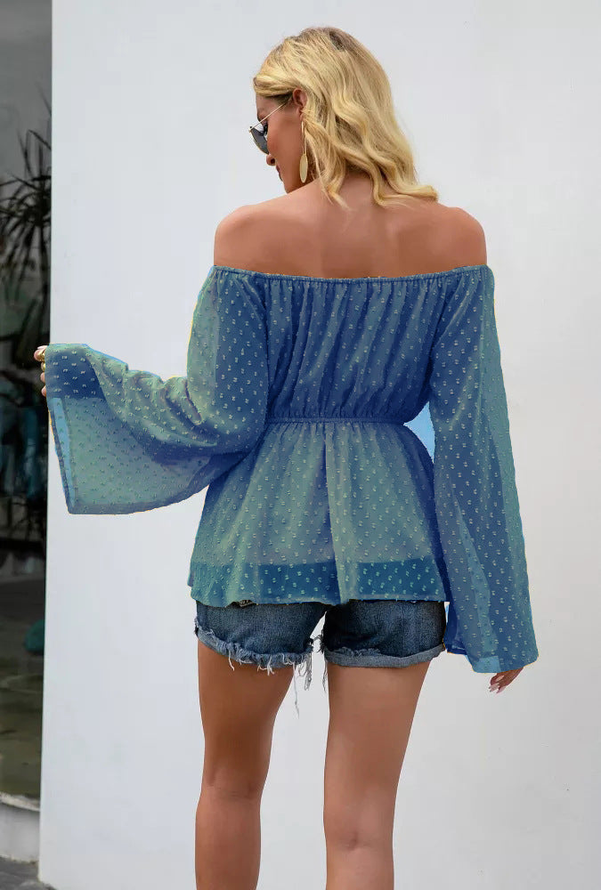 Mature Elegant Pullover Long Sleeve Square-Neck off-Neck Slim Shirt for Women