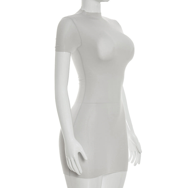 Women Clothing Summer Solid Color Sexy See through round Neck Short Sleeve Slim Fitting Basic Dress