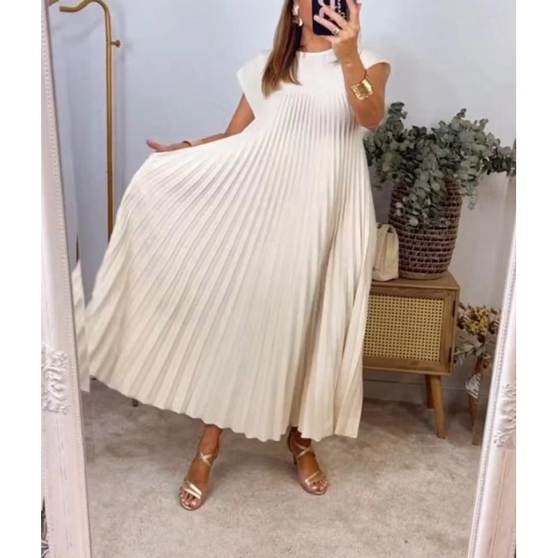 Women Clothing Maxi Dress Elegant round Neck Sleeveless Pleated Dress
