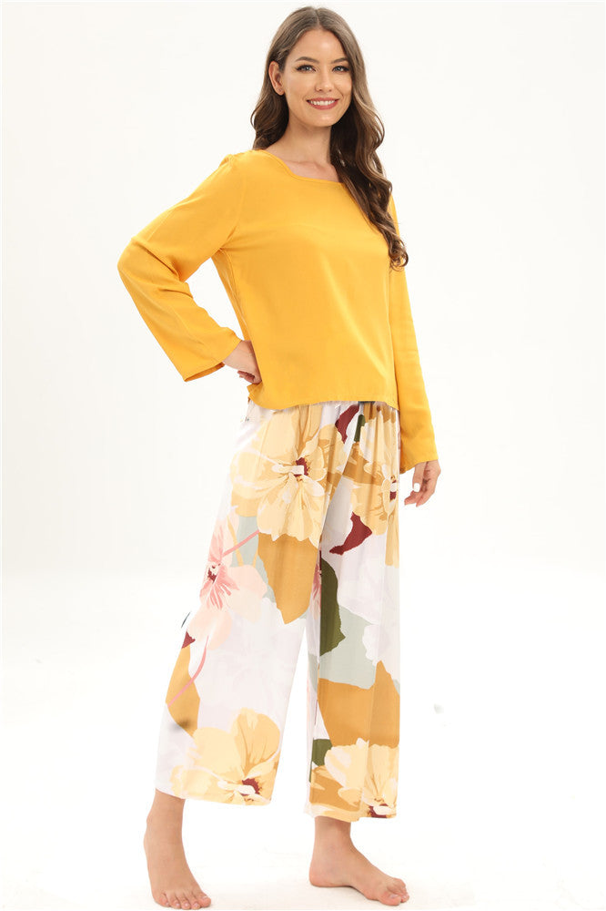 Rayon Home Wear Suit Casual Pajamas Women Long Sleeved Trousers
