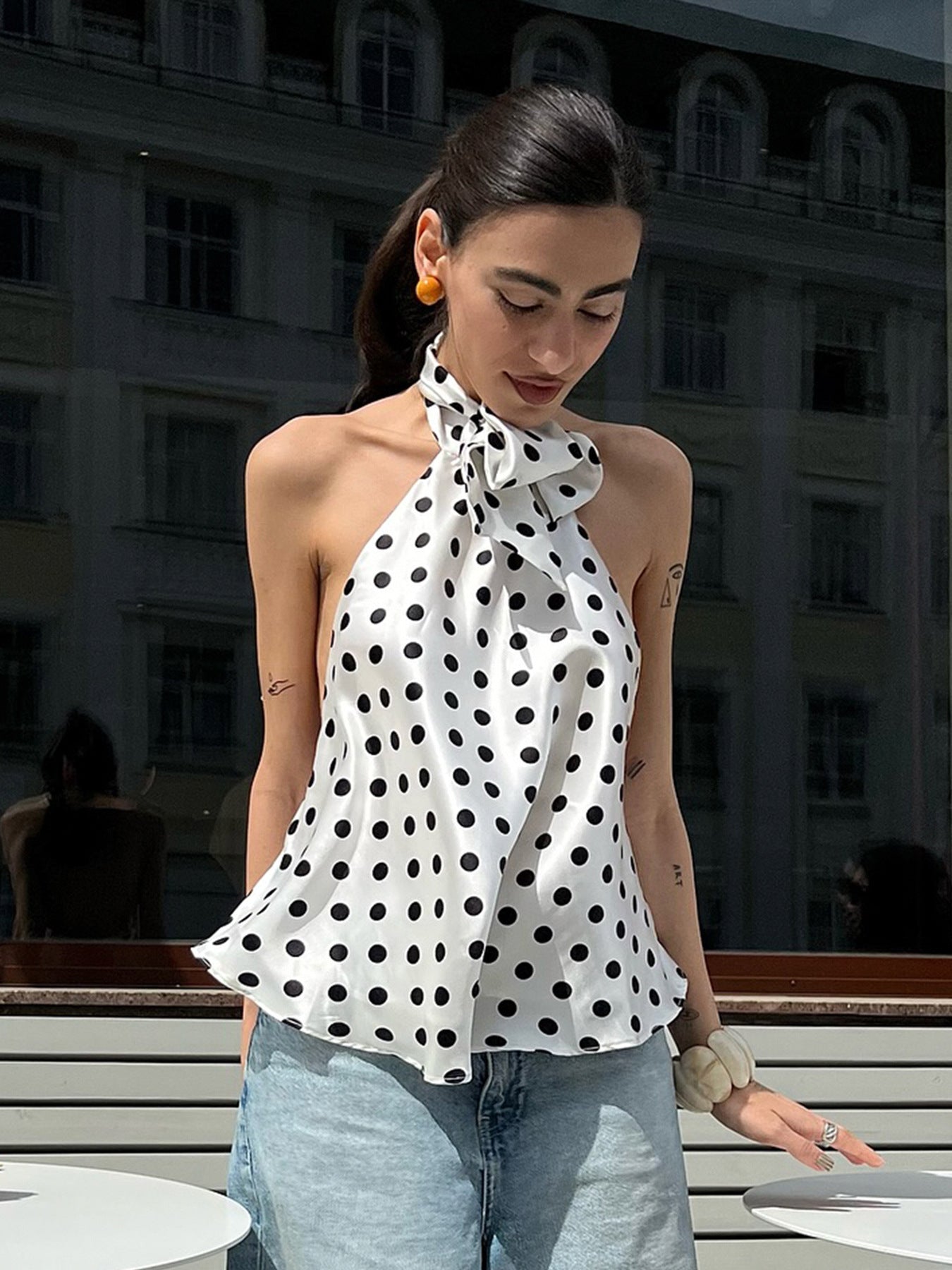 French Elegant Bow Halter Sexy Satin Vest Sexy Polka Dot Irregular Asymmetric Spaghetti Strap Backless Top