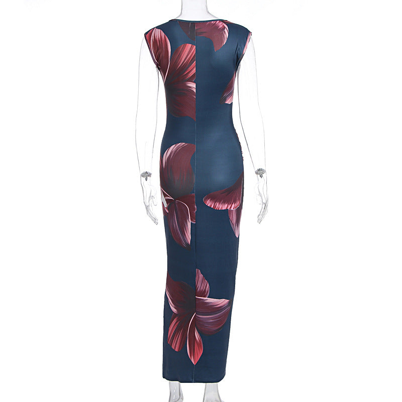 Women Clothing Summer Sleeveless Printed Slim Sheath Dress Elegant Graceful Women Clothing