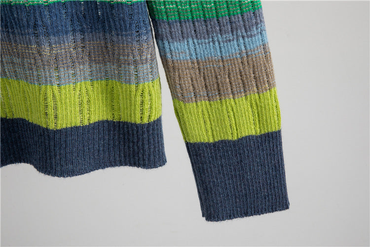 Round Neck Contrast Color Top Women Striped Long Sleeved Coat Autumn Casual Loose Knitted Cardigan