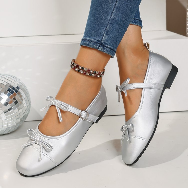 Shallow Mouth Ballet Flat Pumps Women Vintage Bow Low Heel Mary Jane Word Buckle Gomminosho