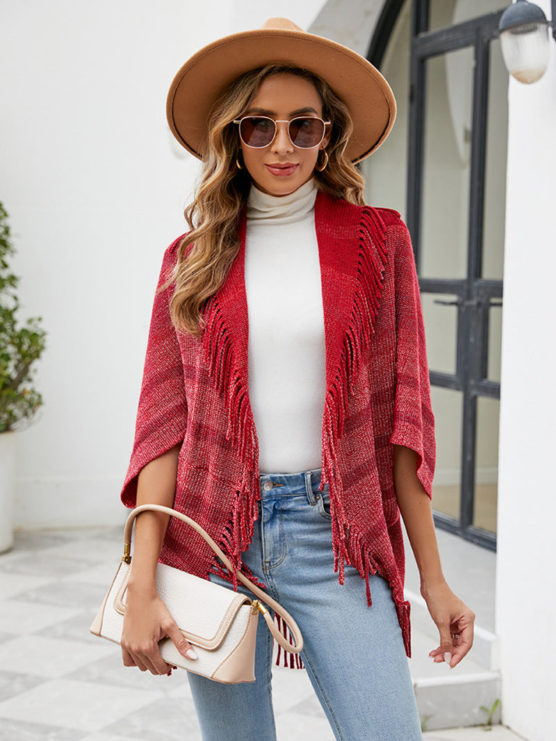Tassel Inverness Women Autumn Winter Knitted Striped Cloak Women
