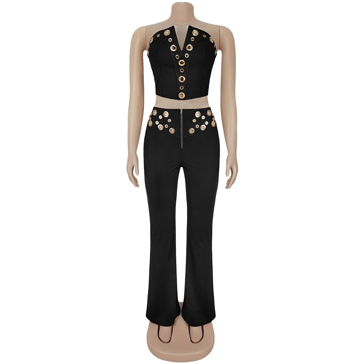 Women Wear Sexy Tube Top Corns Metal Button Trousers Set