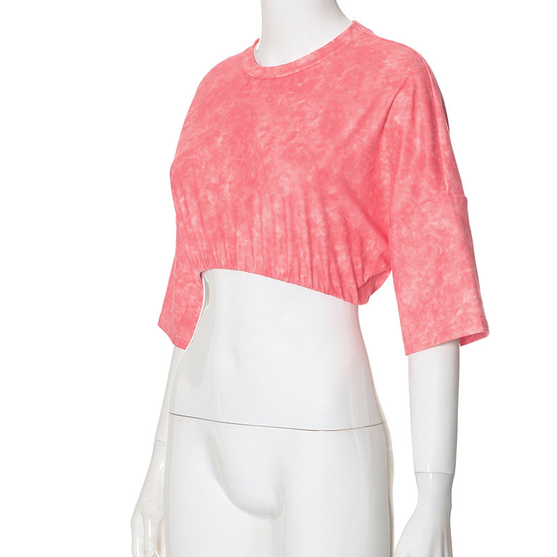 Women Clothing Summer Print round Neck Five Quarter Sleeve Cropped Elastic Waist Top T shirt