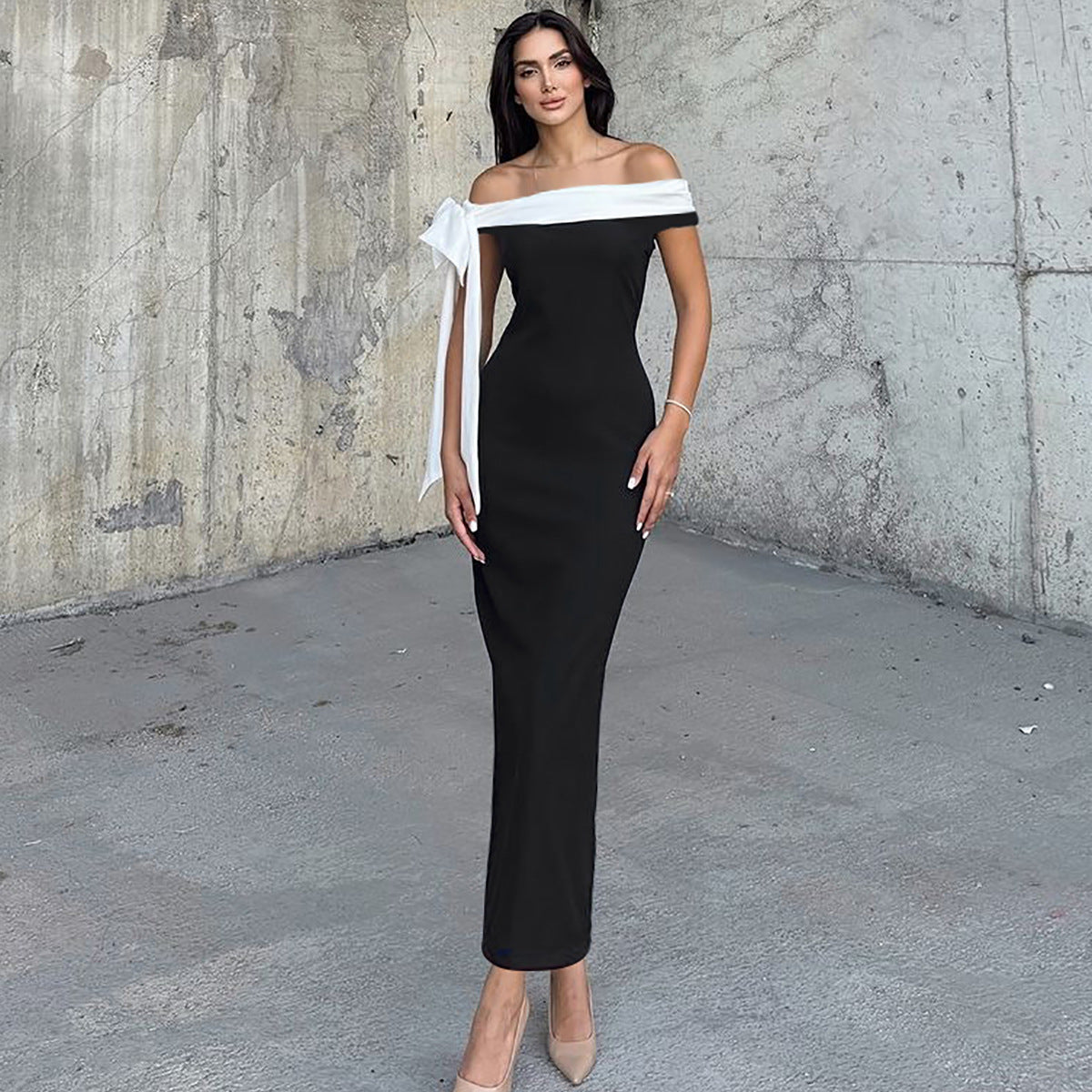 Women Clothing Autumn Winter Fashionable off Shoulder Ribbon Slim Solid Color Dress
