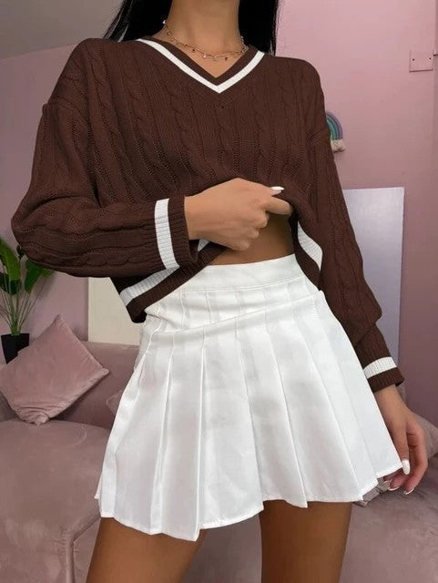V neck Long Sleeve Knitwear Sweater Women Pullover Autumn Short Solid Color