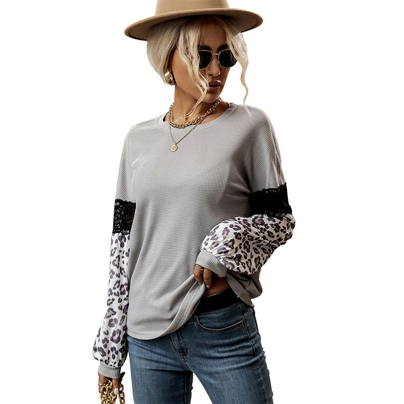 Autumn Winter Stitching Top Women Leopard Print Long Sleeve Contrast Color Knitwear