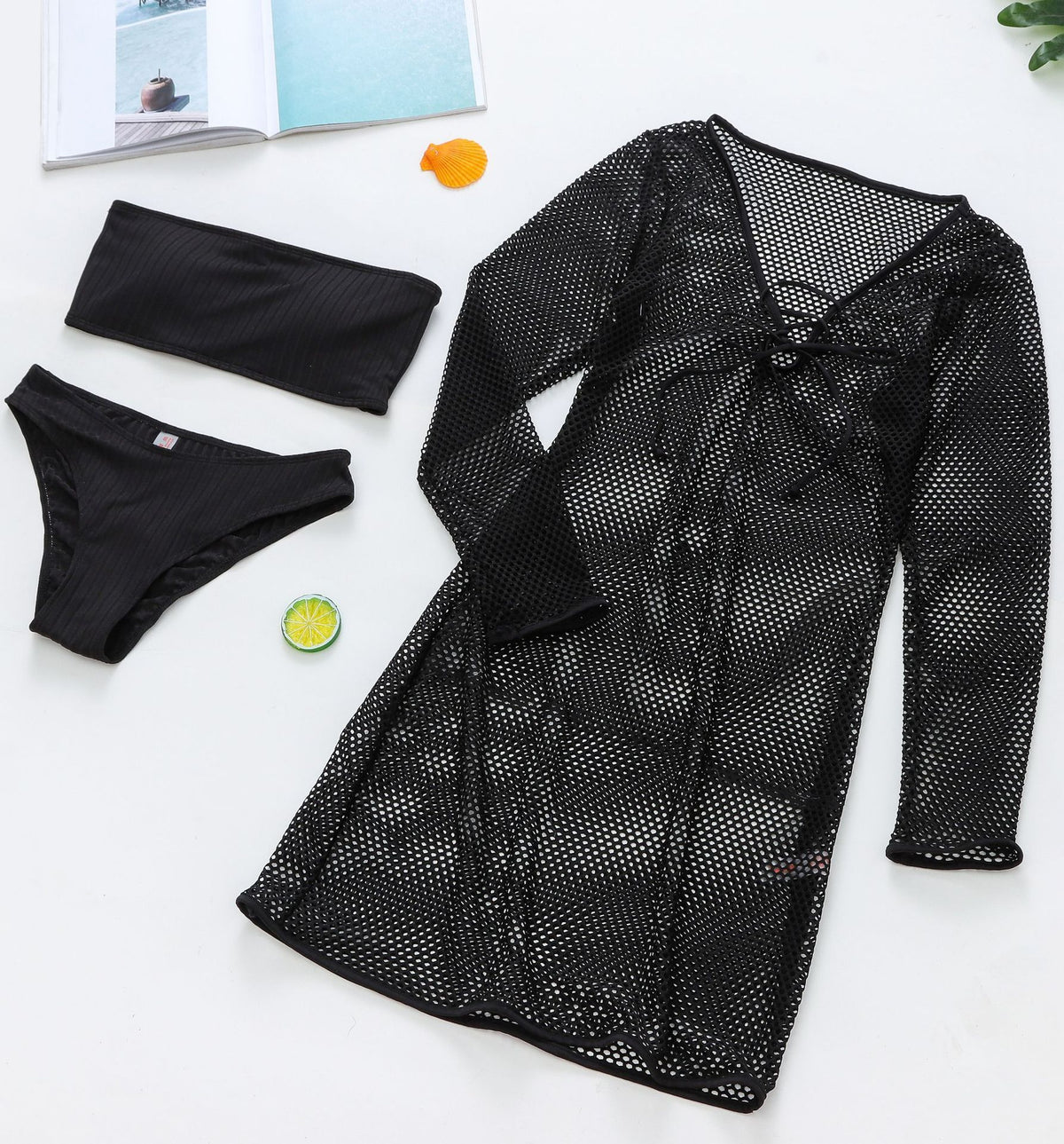 Mesh Blouse Tube Top Bikini Set Swimsuit Three Piece Set