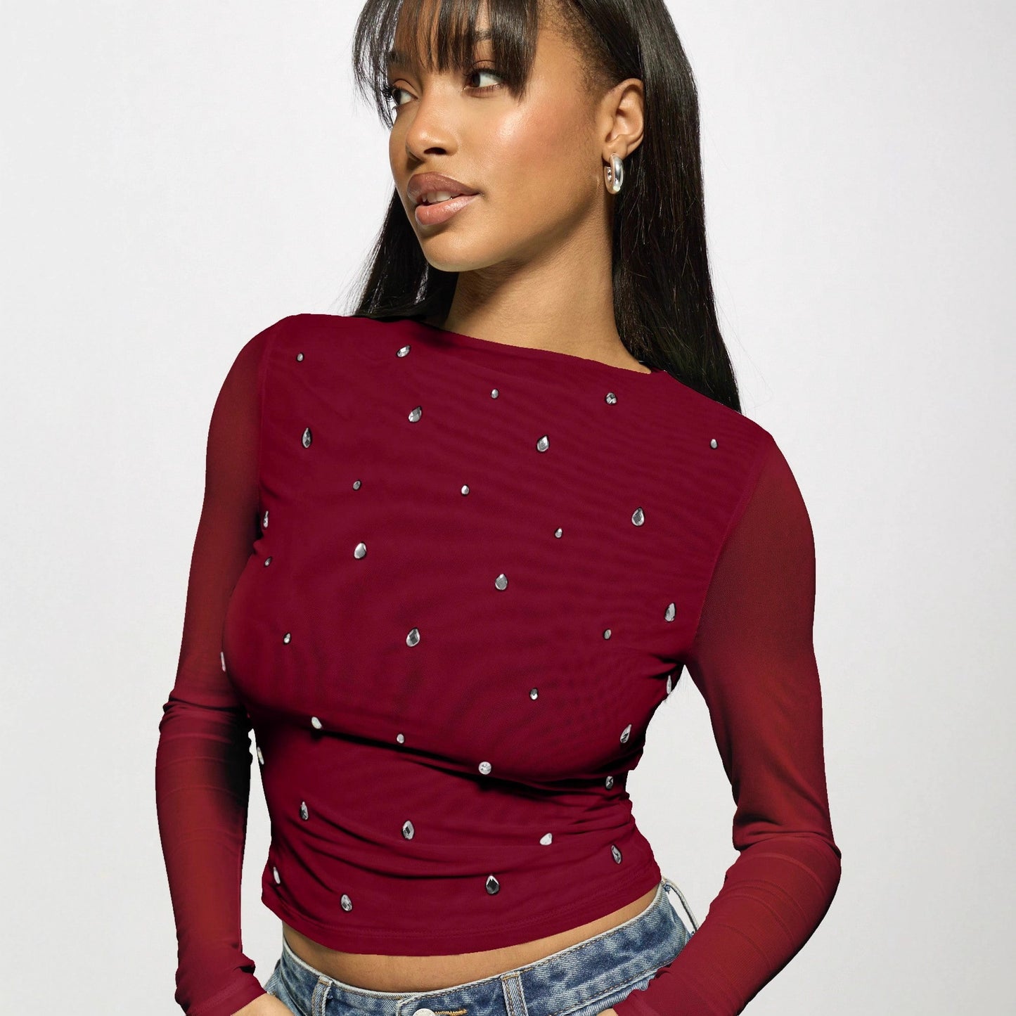 Autumn Winter Long Sleeve Double Layer Mesh Drilling Women Western Bottoming