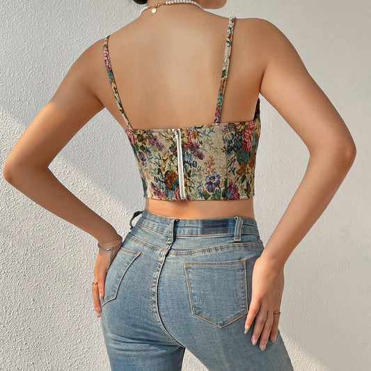 Street Retro Floral Niche Sling French Court Waist Vest