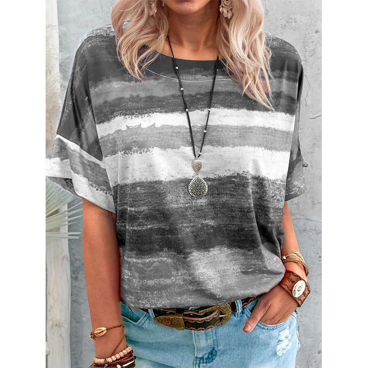 Women Clothing Summer Gradient Contrast Women Short-Sleeved T-shirt Women