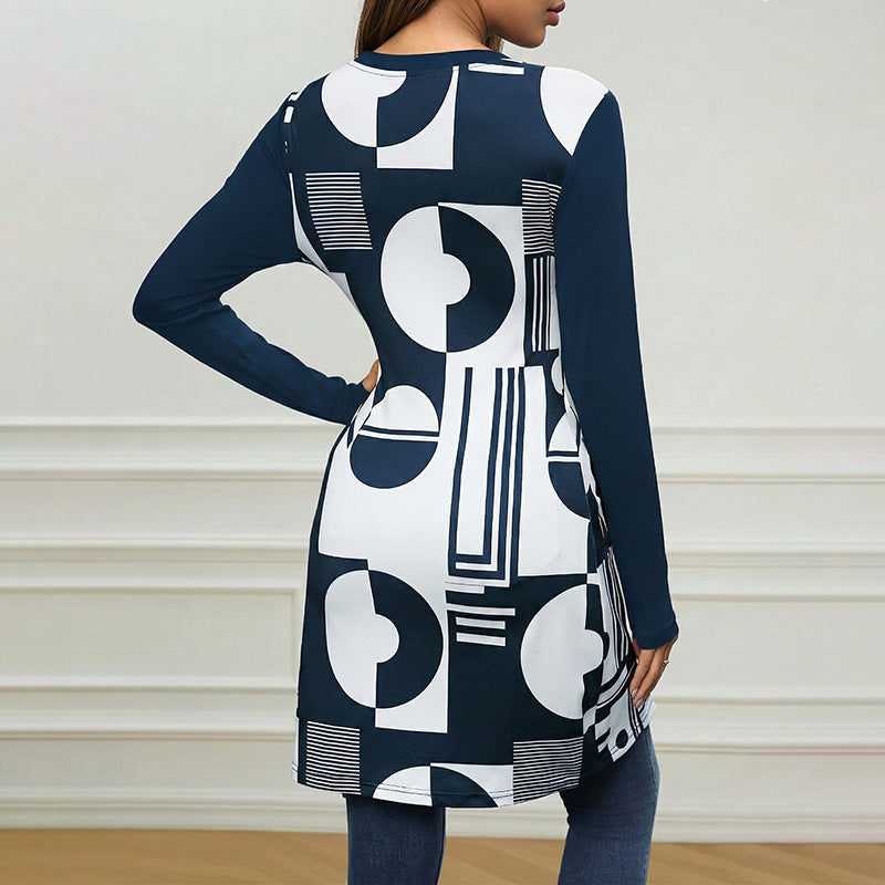 Geometric Abstract Pattern Long Slim T shirt Women Elegant Geometric Abstract Floral Print Slit T shirt