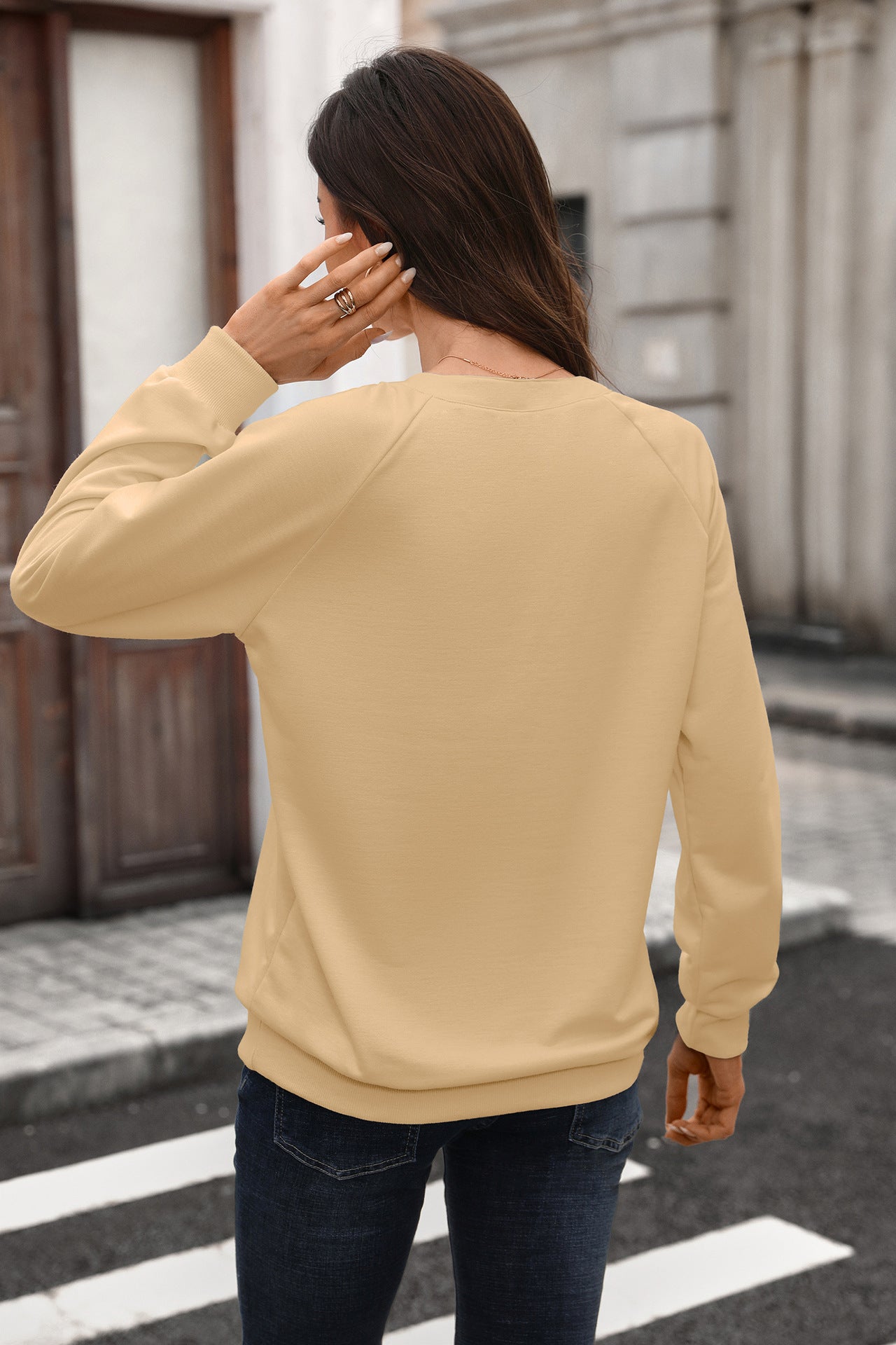 Autumn Winter Solid Color V neck Rib Stitching Loose Long Sleeve Sweatershirt Women