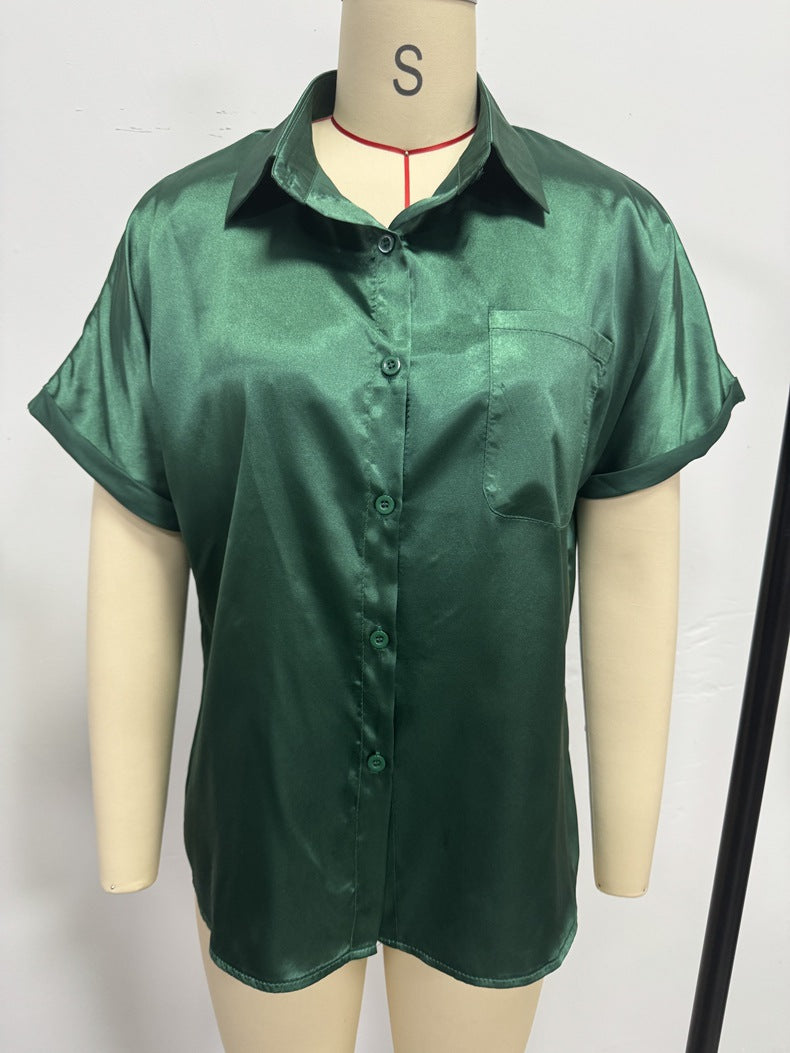 Satin V neck Shirt Women Women Solid Color Satin Short Sleeve Casual Button Satin Shirt