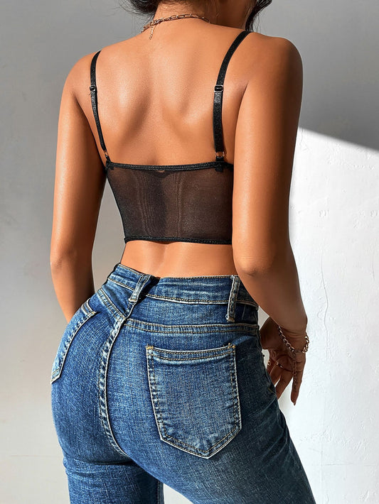 Lace Splicing Sling Vest Women Nightclub Sexy Bare Back Mesh Eyelash