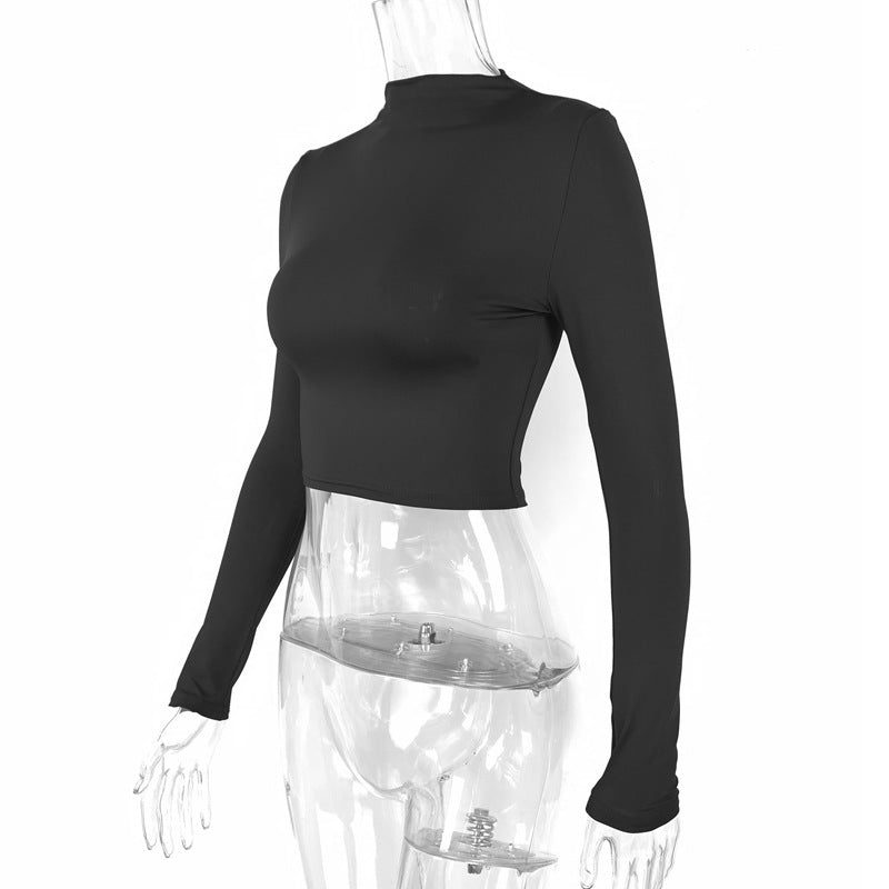 Winter Women Clothing Sexy Slim Fit Cropped Half Turtleneck Short Long Sleeve Top
