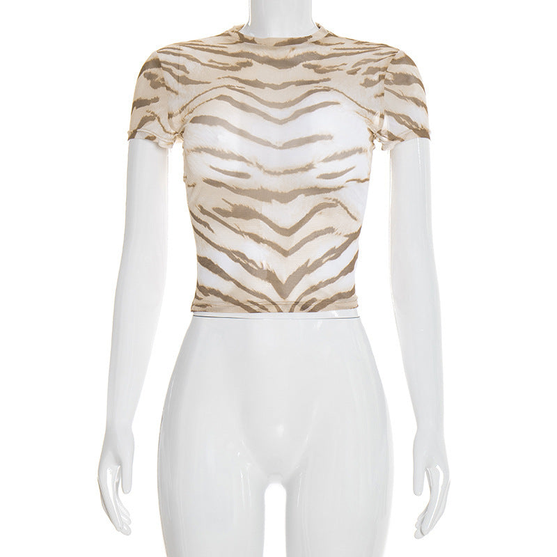 Women Clothing Summer Mesh Printed round Neck Short Sleeve Slim Top T shirt
