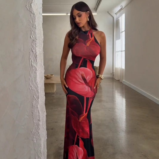 Summer Women Clothing Sexy Print Backless Slim Fit Tight Waist Hip Bag Dress