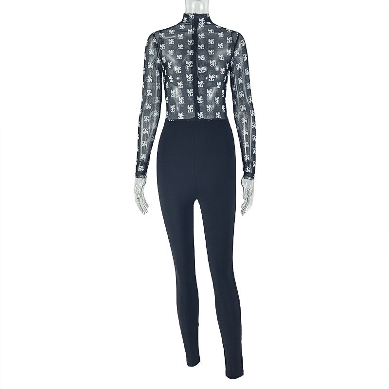 Women Clothing Stitching Micro Transparent Sexy Print Jumpsuit Skinny Sheath Slim Fit Long Sleeve Round Neck Jumpsuit