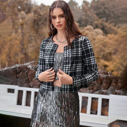 Self Developed Designed Spring Autumn Casual Lattice Knitwear Long Sleeve Short Coat