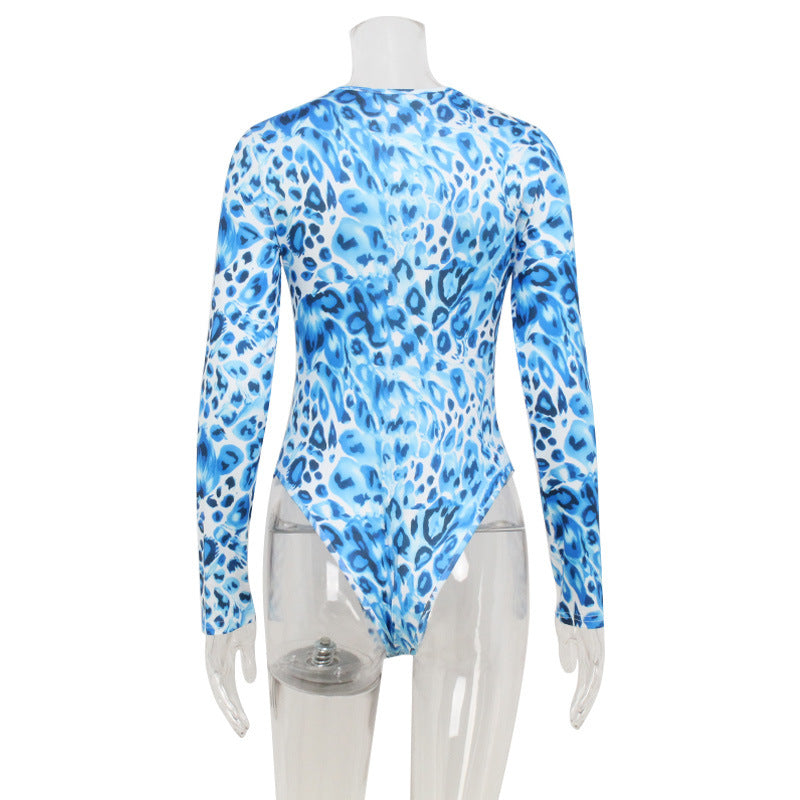 Women Jumpsuit round Neck Long Sleeve Personality Street Blue Leopard Print Printed Top for Women