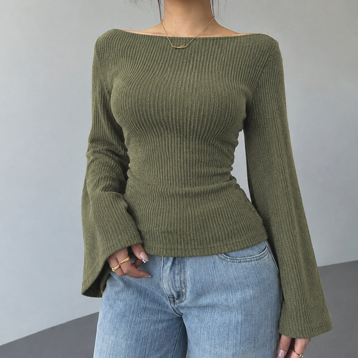 Basic round Neck Large Bell Sleeve Knitted Women Slim Fit Slimming Long Sleeves Sweater