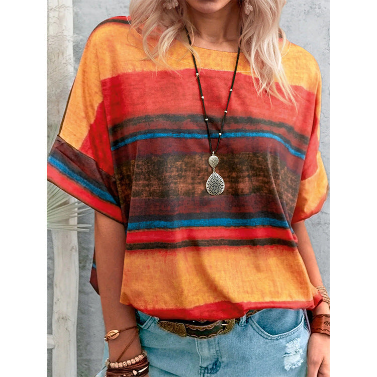 Women Clothing Summer Gradient Contrast Women Short-Sleeved T-shirt Women