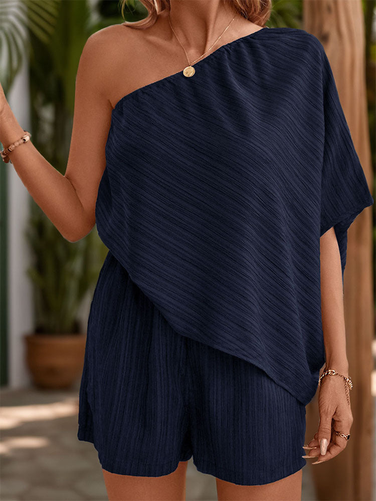 Summer Women Clothing Texture Oblique Shoulder Solid Color Jumpsuit