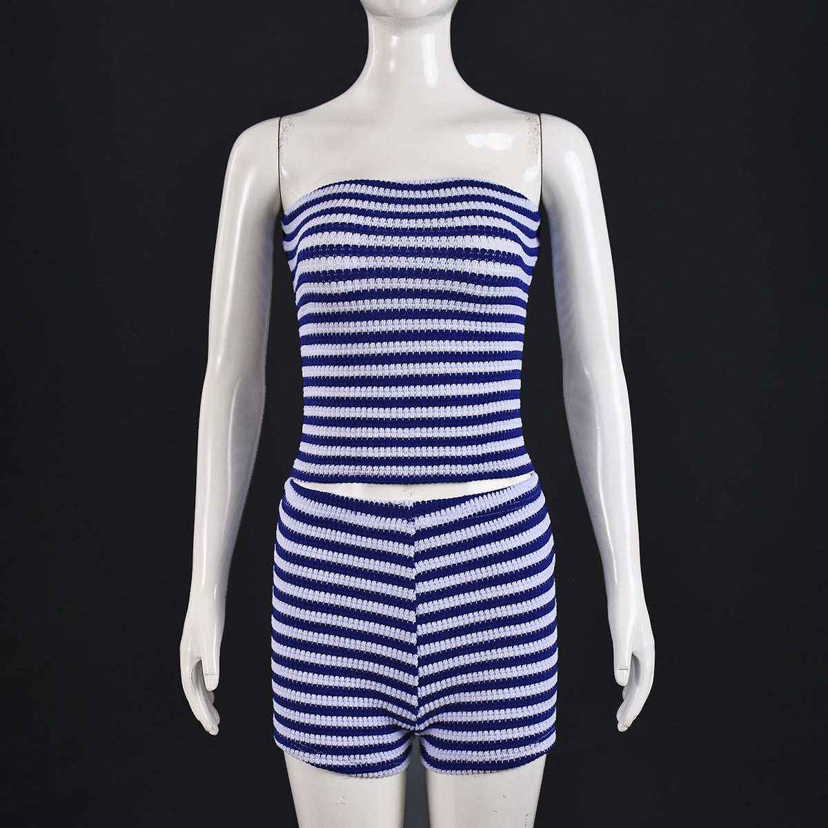 Women Clothing Internet Expert Bandeau Sexy Cropped Exposed Mixed Color Stripe Shorts Two Piece Sets