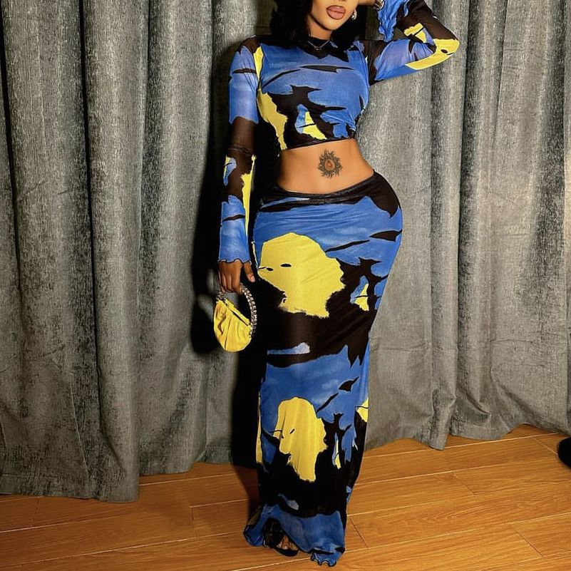 Summer Printing Round Neck Long Sleeves Cropped Top Slim Fit Sheath Skirt Set Women