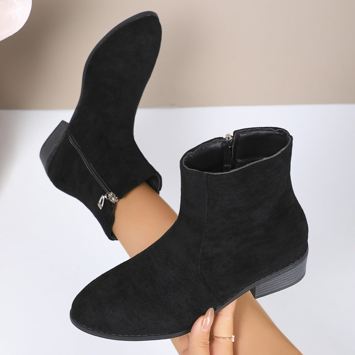 Suede Short Martin Boots Women Thick Heel with British Side Thin Coat with Zip Ankle Boots