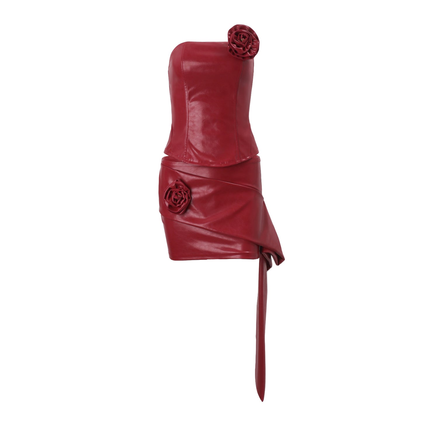 Women Clothing Autumn French Sexy Three Dimensional Floral Faux Leather Tube Top Vest Hip Skirt Set
