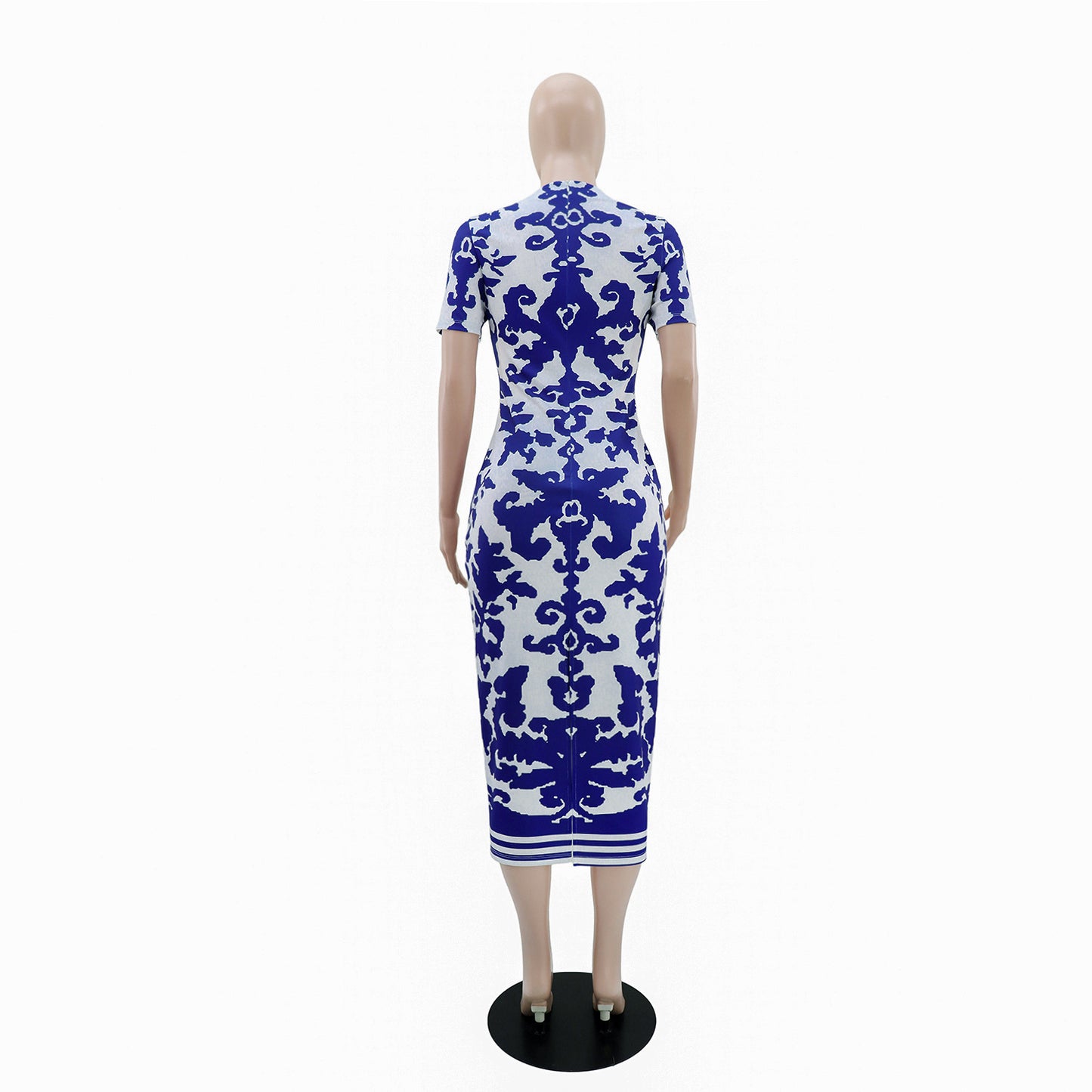 Women Elegant Printing Slim Fit Hip Short Sleeve Dress