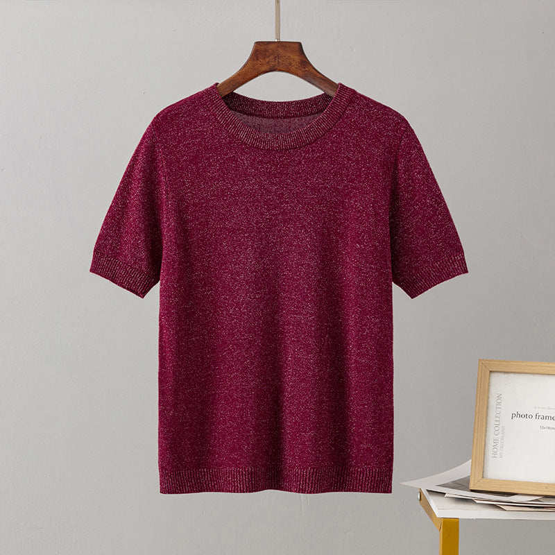 Women Clothing Summer Bright Silk Slim Fit Slimming Short Sleeved Sweater Pullover Top T shirt Bottoming Shirt