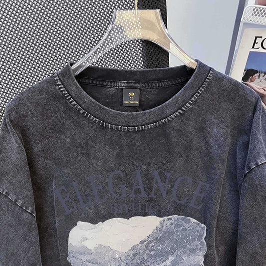 Niche Design Washed Distressed Long T Shirt Women Autumn Loose Short Round Neck Washed Vintage Sweatshirt