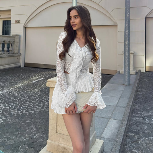 Women Clothing Autumn Slim Fit Sexy Flare Sleeve Ruffled Long Sleeve Lace Hollow Out Cutout out Skirt Two Piece Sets