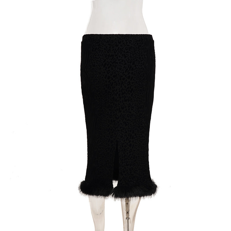 Sexy Flocking Wool Tops Lace up Cardigan Leopard Print Skirt Women Fur Stitching Two Piece Sets
