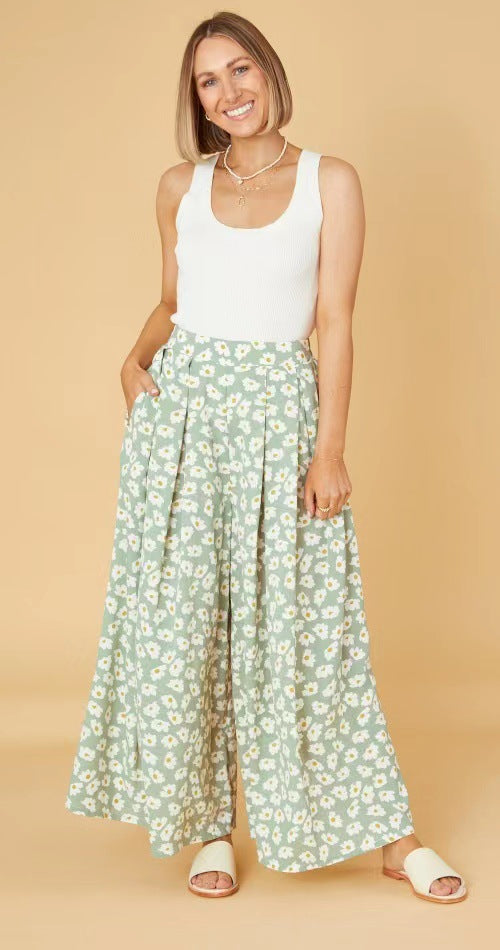 Spring Summer Office Green No Belt Loose Little Daisy Cotton Trousers Mid Waist Women Wide Leg Pants