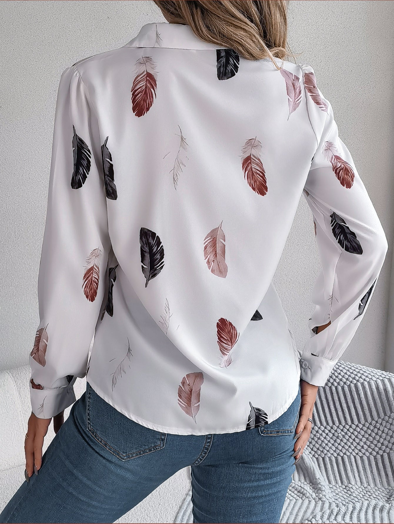 Autumn Winter Elegant Feather Printed Suit Collar Long Sleeve Shirt Women Clothing