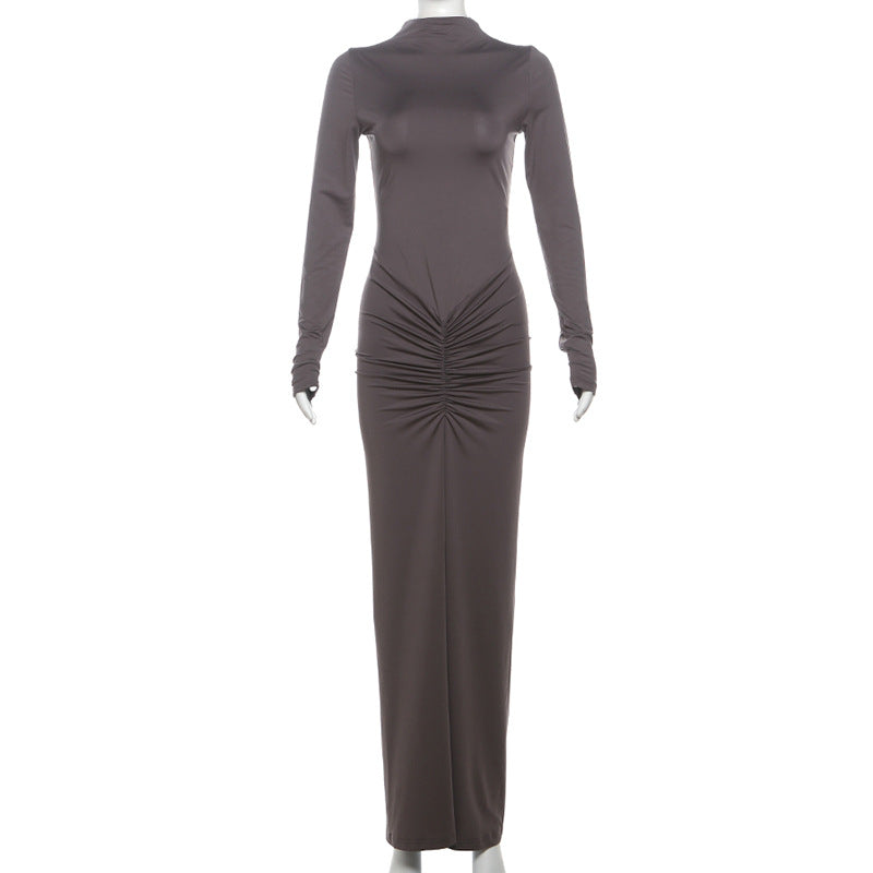 Autumn Winter Sexy Slimming Beam Waist Solid Color Maxi Dress Pleated Dress Women